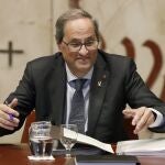 GRAFCVA9558. BARCELONA, 12/11/2019.- El presidente de la Generalitat, Quim Torra, durante la primera reunión del gobierno catalán después de las elecciones generales del 10 de noviembre, tras las cuales el presidente Torra ha insistido en pedir al jefe del Ejecutivo central en funciones, Pedro Sánchez, que se abra a dialogar sobre Cataluña. EFE/Andreu Dalmau