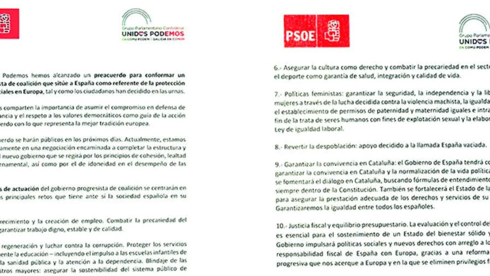 Las dos páginas del acuerdo suscrito entre el PSOE y Unidas Podemos