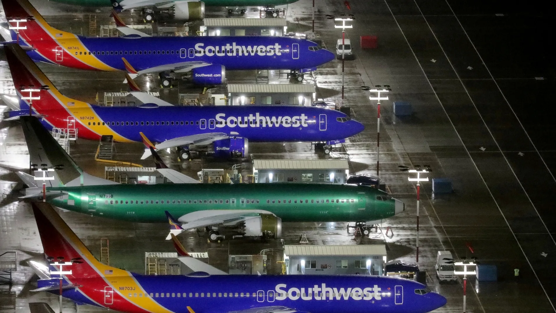 Imagen aérea de varios aviones de Boeing de la compañía Southwest en Seattle