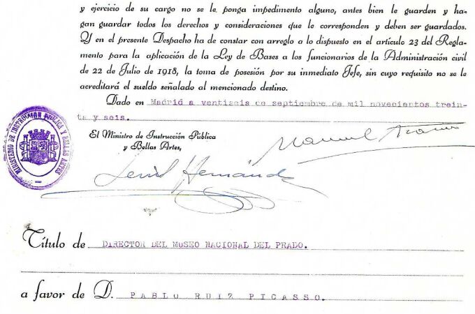 Documento del nombramiento de Pablo Picasso como Director del Museo del Prado en 1936