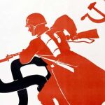 Un soldado se enfrenta a una esvástica en un cartel soviético propagandístico de la Segunda Guerra Mundial
