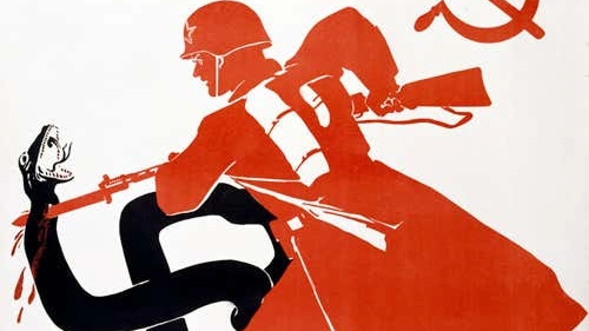 Un soldado se enfrenta a una esvástica en un cartel soviético propagandístico de la Segunda Guerra Mundial