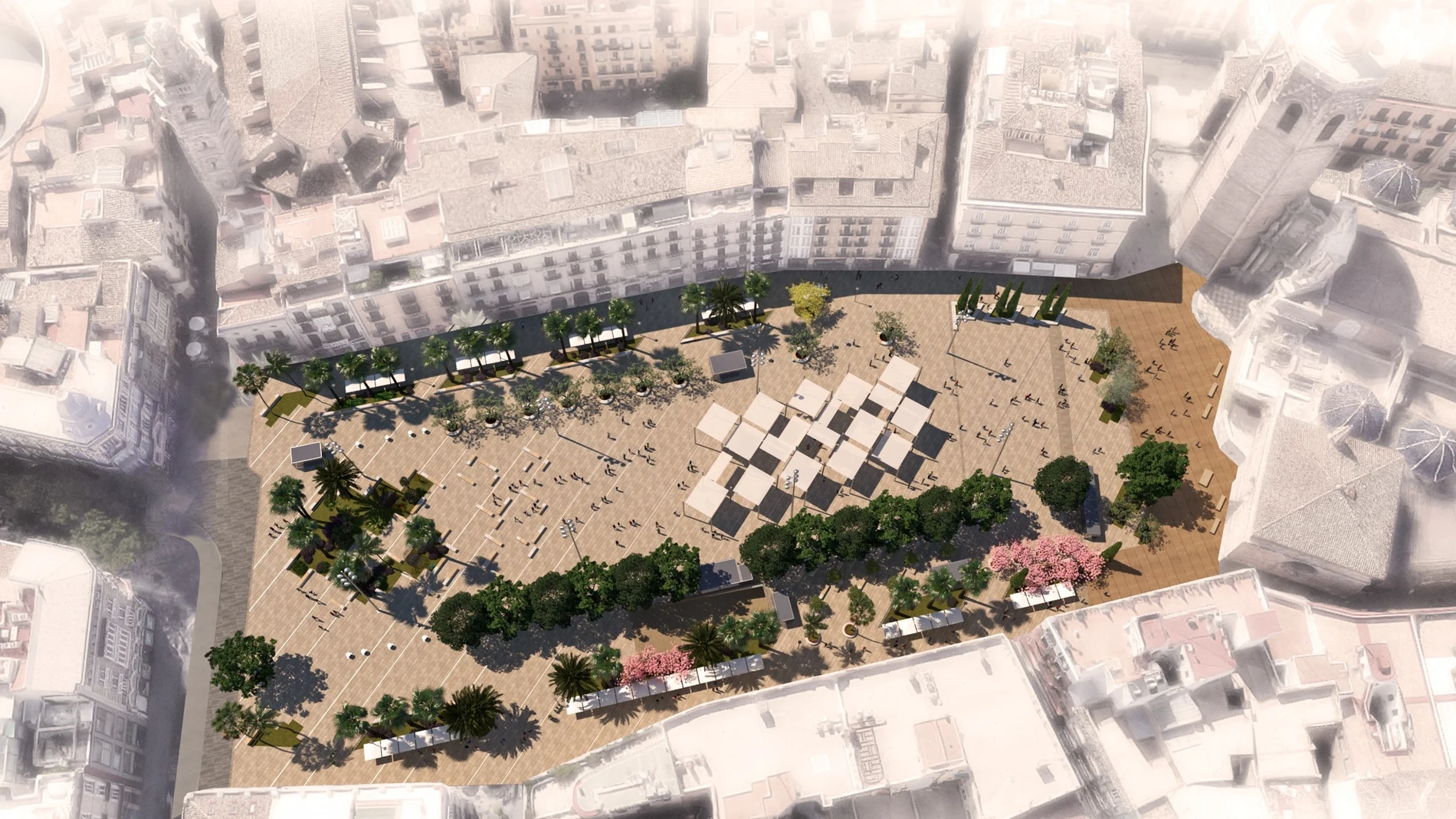 Valencia.- La nueva Plaza de la Reina tendrá toldos, difusores de agua, un bosque urbano y zona infantil de juegos
