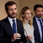 El presidente del Partido Popular, Pablo Casado, que ha recogido este jueves en el Congreso el acta de diputado, durante la rueda de prensa que ha ofrecido. Foto: EFE