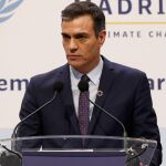 Pedro Sánchez durante la rueda de prensa con el secretario general de la ONU, Antonio Guterres en la Cumbre del Clima de Madrid.