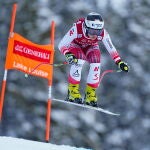 Nicole Schmidhofer de Austria en acción durante la carrera de descenso alpino de la Copa Mundial Femenina en Lake Louise, Alberta, Canadá., EFE/EPA/NICK DIDLICK