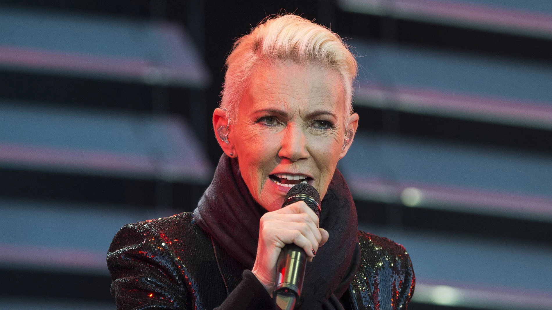 FILE - In this file photo dated July 18, 2015, Marie Fredriksson, singer of the pop duo Roxette. Fredriksson has died, aged 61 after a long illness, according to an announcement Tuesday Dec. 10, 2019. (Suvad Mrkonjic / TT via AP)