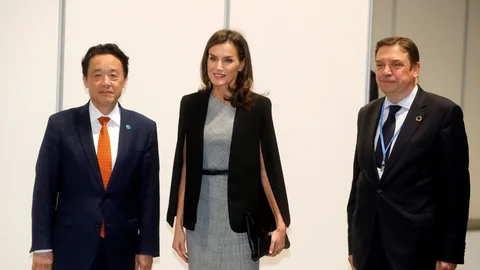 GRAF7307. MADRID, 11/12/2019.- La reina Letizia, el ministro de Agricultura en funciones, Luis Planas (d) y el director general de la FAO, QU Dongyu durante la reunión mantenida este miércoles durante la Cumbre del Clima . EFE/Juan Carlos Hidalgo