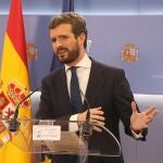 Rueda de prensa en el Congreso de Pablo Casado tras la audiencia con el rey.