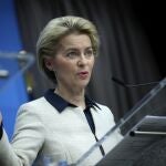 Ursula von der Leyen, presidenta de la Comisión Europea, en un momento de la rueda de prensa tras la cumbre de Bruselas