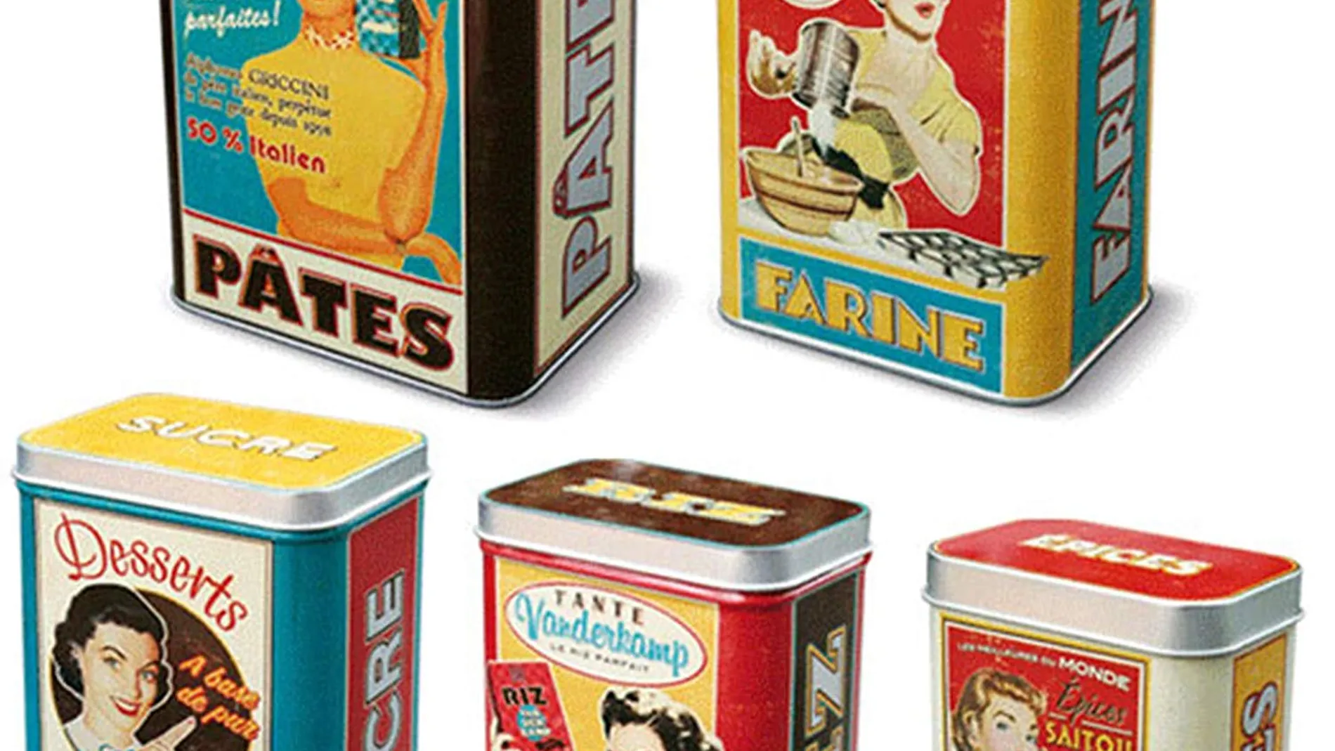 5 cajas metálicas vintage para especias, arroz, azúcar, harina y pasta