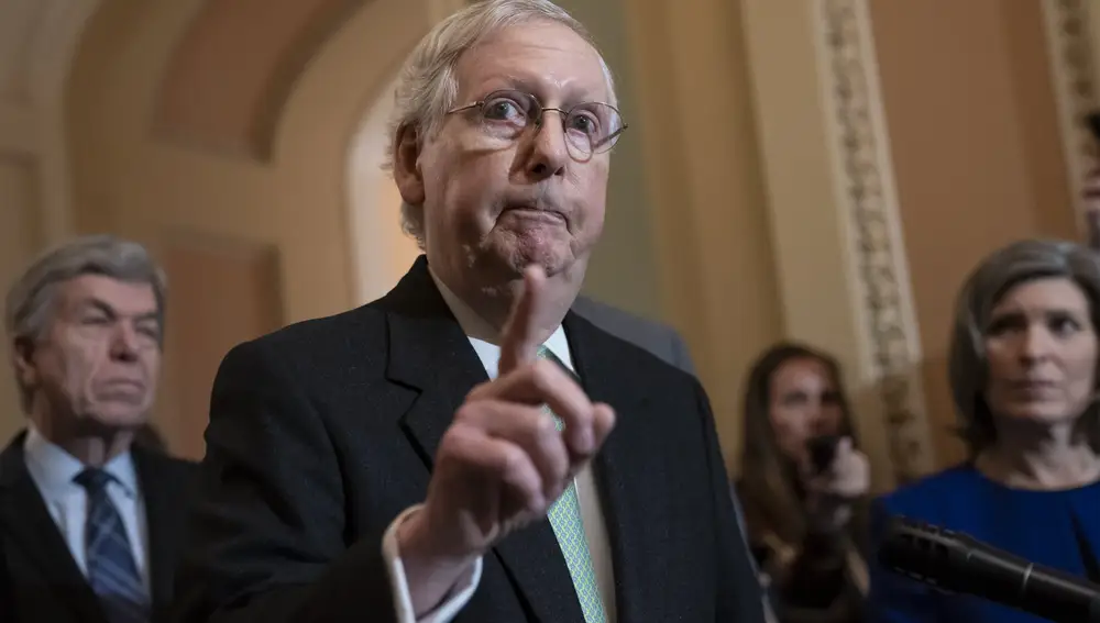 Senate Majority Leader Mitch McConnell, R-Ky., joined by Sen. Roy Blunt, R-Mo., left, and Sen. Joni Ernst, R-Iowa, right, dismisses the impeachment process against President Donald Trump saying, "I'm not an impartial juror. This is a political process," as he meets with reporters at the Capitol in Washington, Tuesday, Dec. 17, 2019. (AP Photo/J. Scott Applewhite)