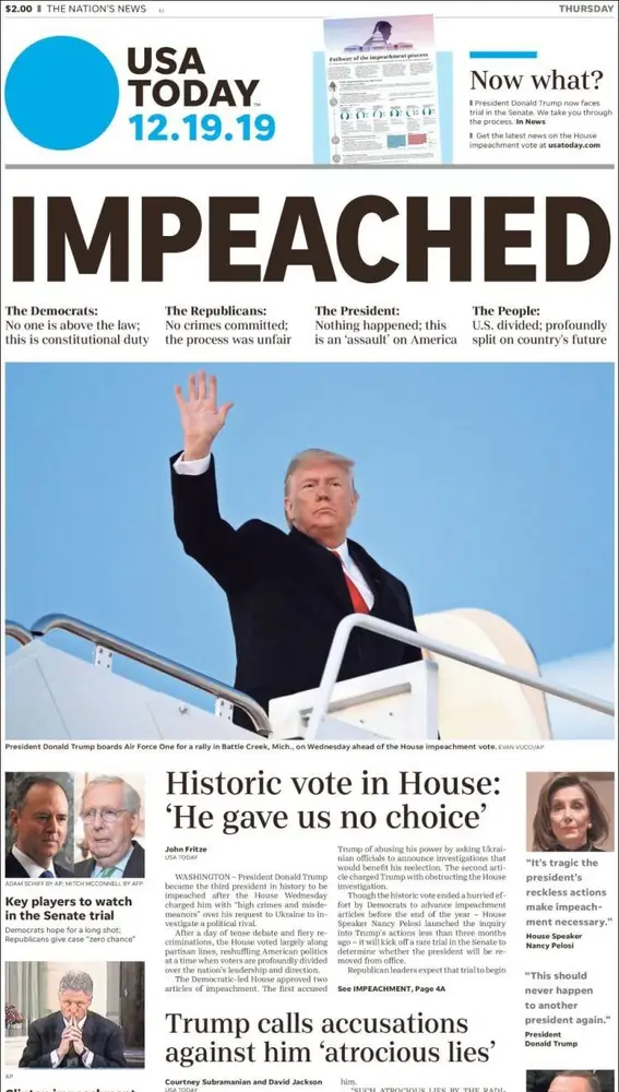 19/12/2019 Madrid.Portadas de los principales periodicos estadounodenses reaccionando al Impeachment del Presidente Trump.© La Razón