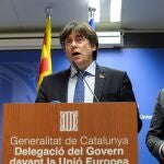 Carles Puigdemont, en su comparecencia de ayer en Bruselas junto al ex conseller Toni Comín para valorar la sentencia del TJUE