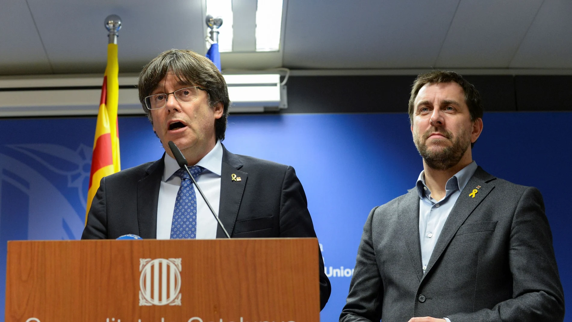 Carles Puigdemont, en su comparecencia de ayer en Bruselas junto al ex conseller Toni Comín para valorar la sentencia del TJUE