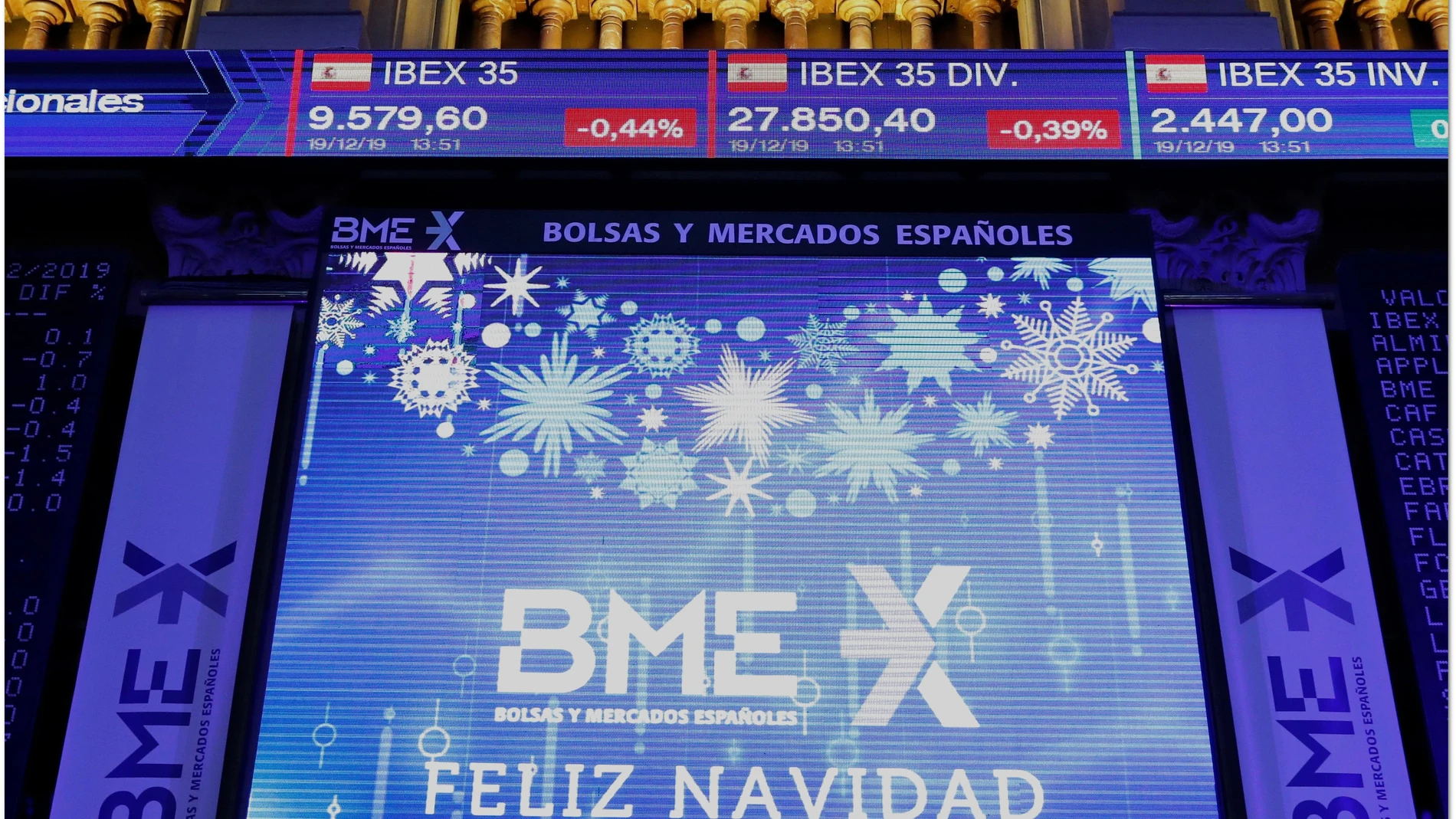 Vista del principal indicador de la Bolsa española, el IBEX 35 y un cartel de felicitación navideña en Madrid este jueves
