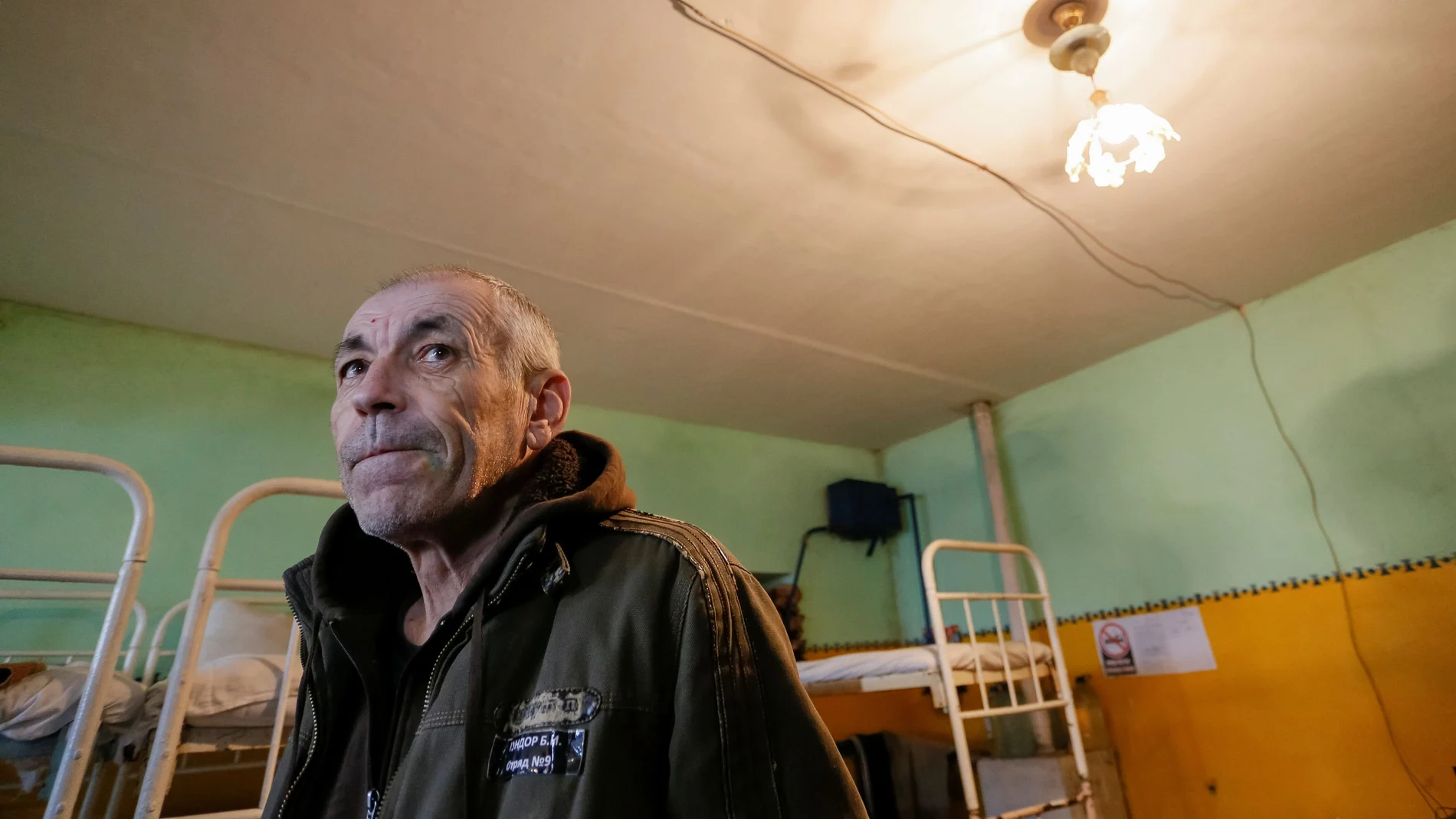 Boris Pundor, a prisoner of war from the Ukrainian armed forces, is seen inside a cell at a penitentiary colony in the rebel-controlled settlement of Makiivka outside Donetsk