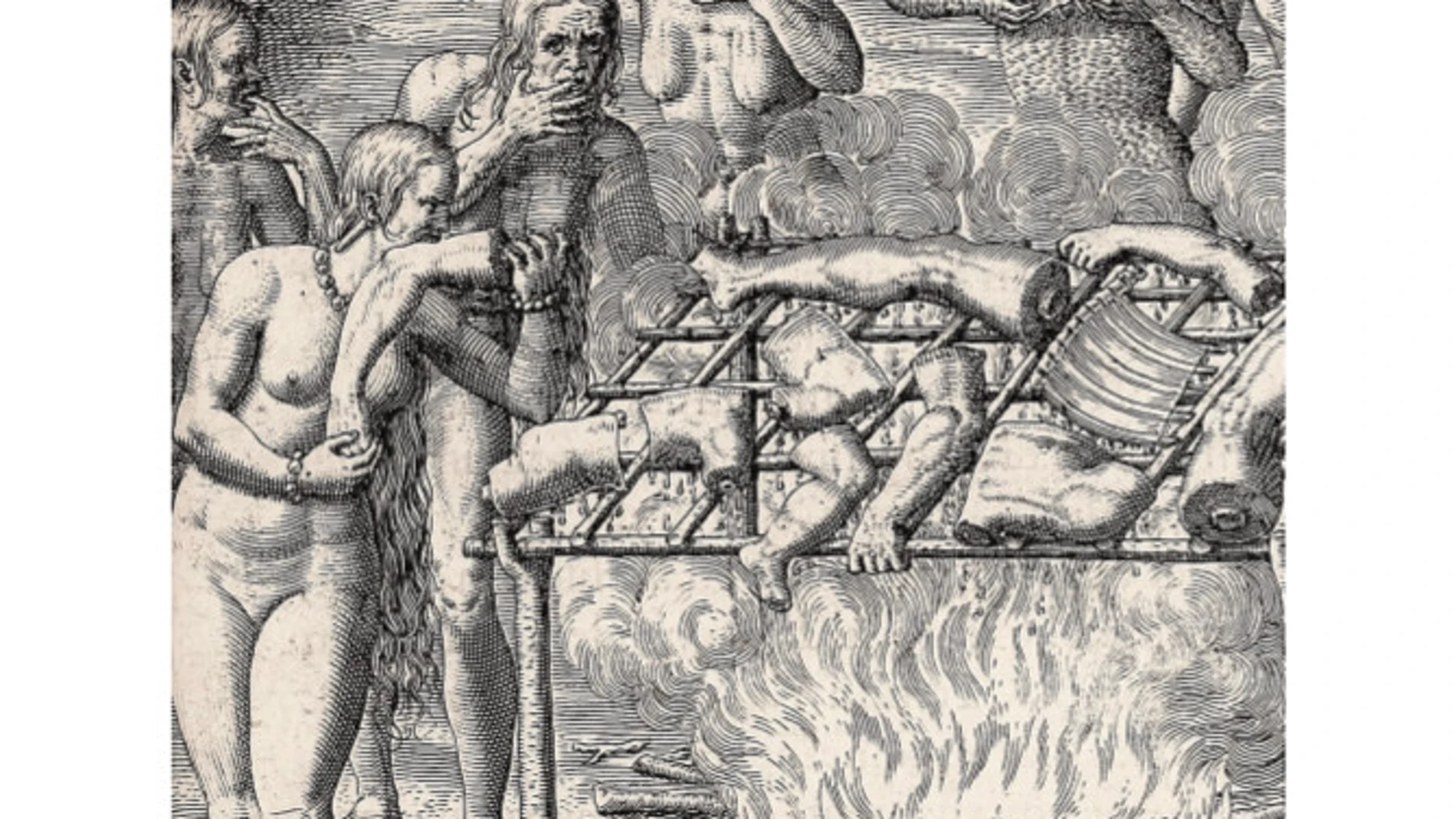 Grabado de Theodor De Bry titulado «Barbacoa caribe, para chuparse los dedos» (Frankfurt, 1592)