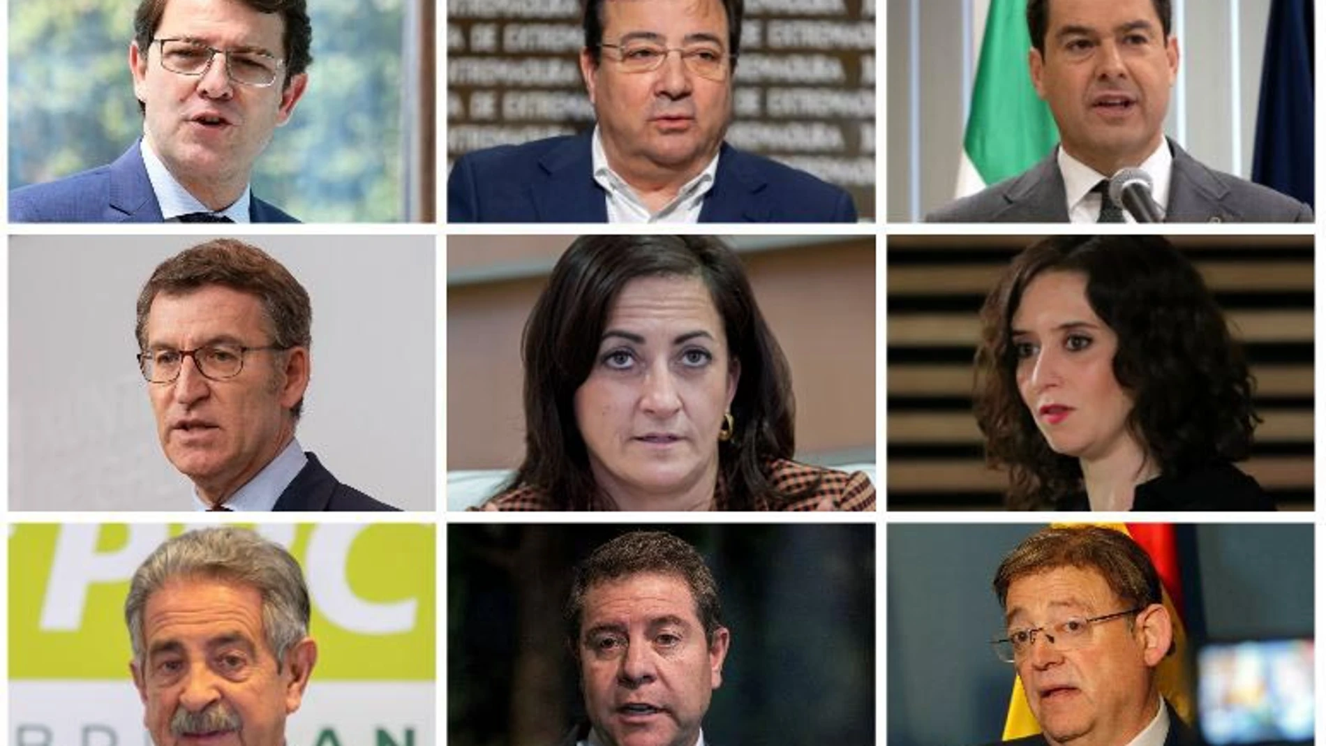 Fernández Mañueco, Fernández Vara, Juanma Moreno, Núñez Feijóo, Concha Andreu, Díaz-Ayuso, Revilla, García-Page y Puig