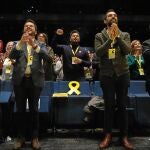 La portavoz de ERC, Marta Vilalta, el vicepresidente del Govern, Pere Aragonès, el diputado Gabriel Rufián y el presidente del Parlament, Roger Torrent, ayer, en el congreso de la formación en Barcelona