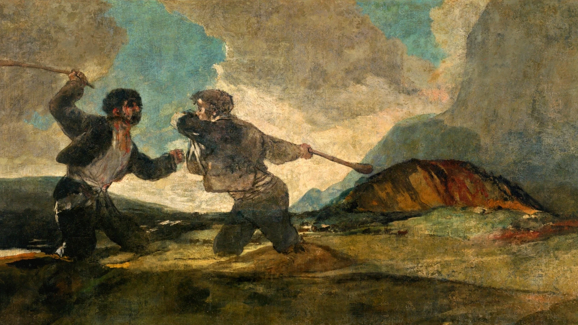 «Duelo a garrotazos» (123 x 266) es un óleo sobre revoco pintado por Francisco de Goya hacia 1874