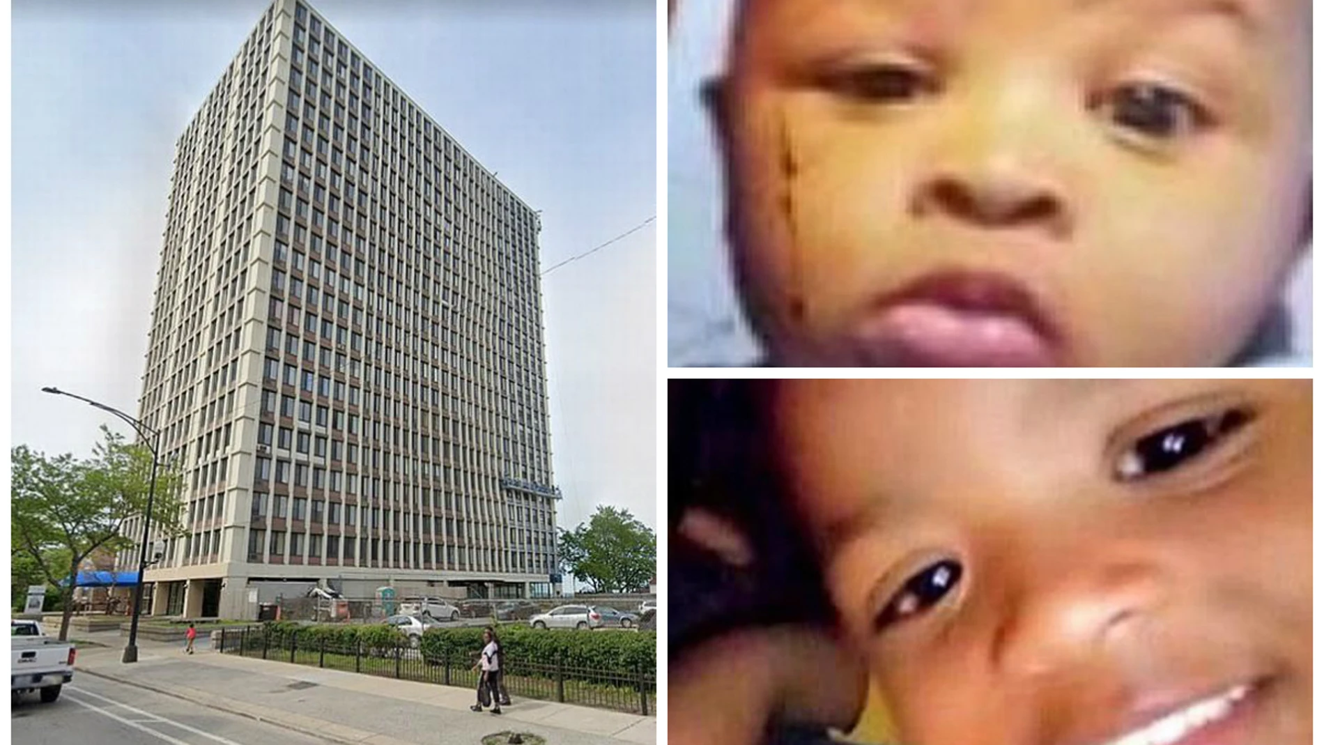 El edificio de la tragedia y las fotos de Ameer, de siete meses (arriba) y Johntavis, de 2 años