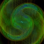 Una representación del sistema binario de estrellas de neutrones GW190425 en los últimos momentos de su órbita una en torno a la otra. Las dos estrellas son las esferas azules del centro de la imagen, y las espirales coloreadas son las ondas gravitacionales que han emitido en sus últimas órbitas y que se alejan del sistema a la velocidad de la luz.
