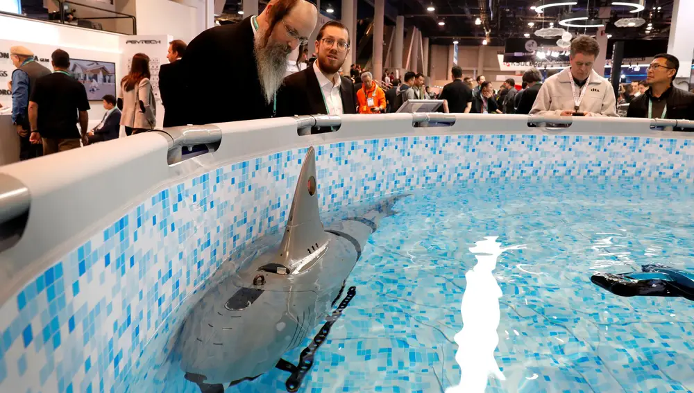 RoboSea's Robo-Shark, a multi-joint bionic robot fish for underwater exploration, is displayed during the 2020 CES in Las Vegas
