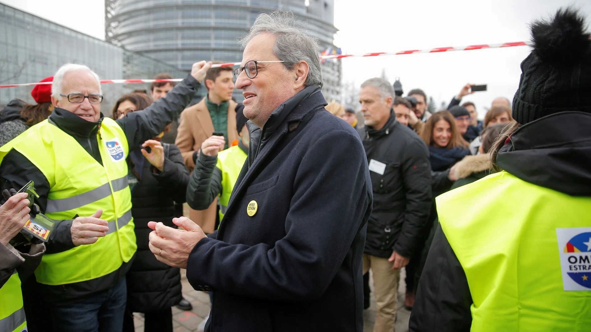 Catalan regional president Quim Torra arrives to meet demonstrators outside the European Parliament in Strasbourg