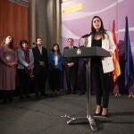 La nueva ministra de Igualdad, Irene Montero, durante su intervención en el acto de toma de posesión de los ministros, en la sede de la Secretaría de Estado de Igualdad