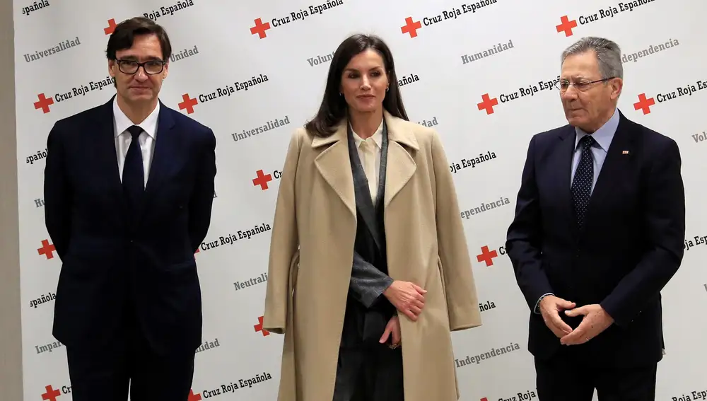 GRAF2818. MADRID, 16/01/2020.- La reina Letizia (c) junto con el ministro de Sanidad, Salvador Illa (i) y el presidente de Cruz Roja Española, Javier Senent (d) durante una reunión de trabajo con motivo de las jornadas sobre violencia de género, estrategia y retos este jueves 16 de enero en Madrid. EFE/Fernando Alvarado