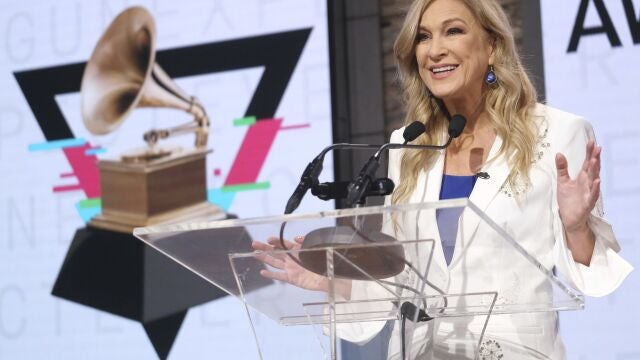 FILE - In this Wednesday, Nov. 20, 2019, file photo, Recording Academy President/CEO Deborah Dugan participates in the 62nd Grammy Awards nominations news conference at Studio 43 at CBS Broadcast Center in New York. In a move announced late Thursday, Jan. 16, 2020, the Recording Academy has placed Dugan on administrative leave following an allegation of unspecified misconduct by a senior leader. (Photo by Charles Sykes/Invision/AP, File)