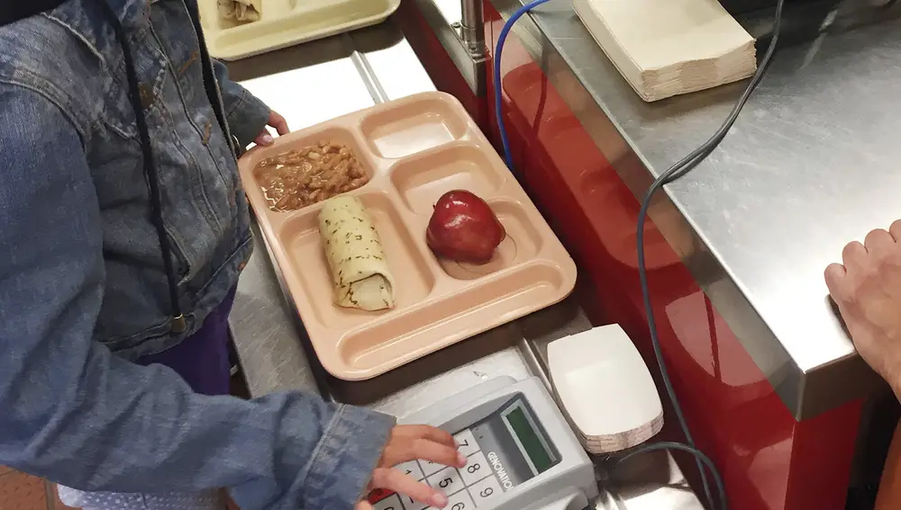 Imagen de un estudiante en el comedor de su colegio con comida poco saludable en su bandeja. (AP Photo/Morgan Lee, file)