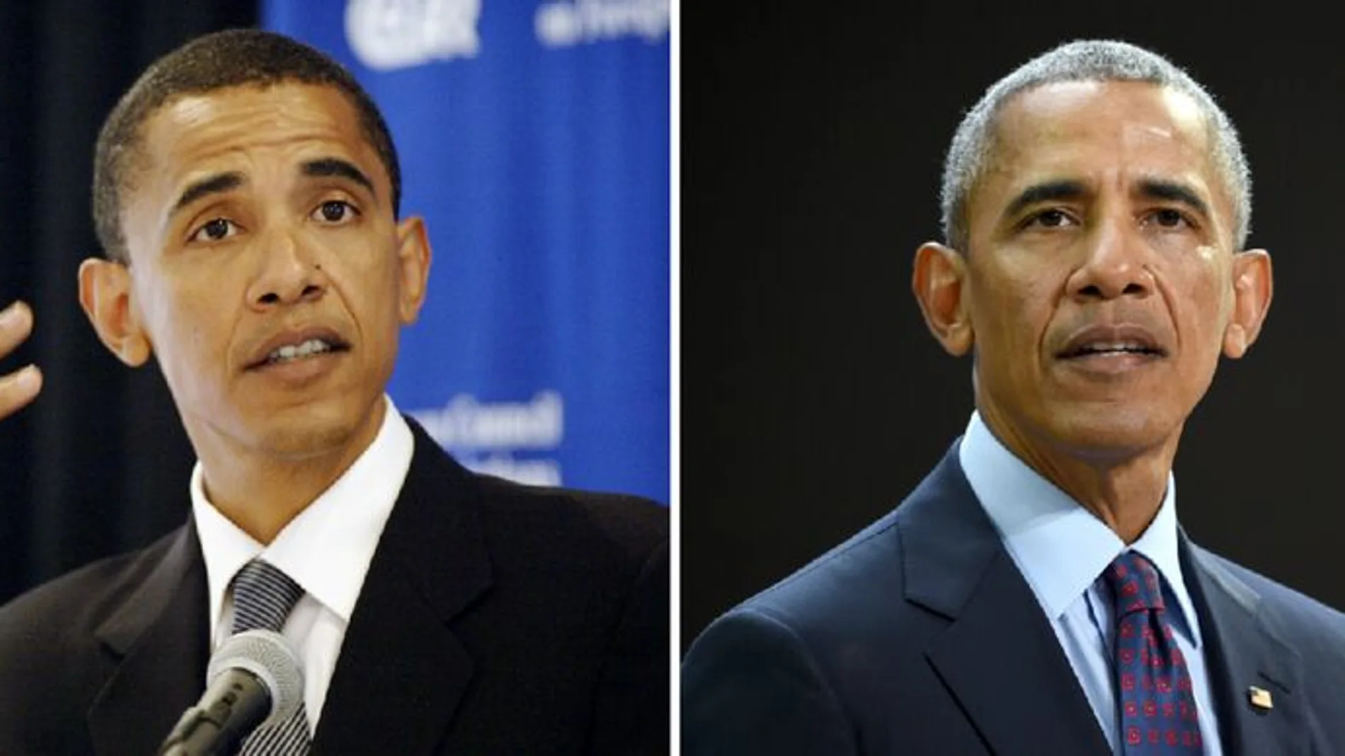 Obama en una imagen sin canas y otra con canas, años después
