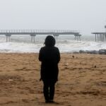 GRAFCAT116. BADALONA (BARCELONA), 22/01/2020.- Una persona observa este miércoles en la playa de Badalona (Barcelona) el Pont del Petroli que el temporal "Gloria" ha dividido en dos, uno de los símbolos de la ciudad, que ha quedado parcialmente destruido debido al fuerte oleaje que azota desde hace dos días el litoral catalán y que ayer castigó especialmente toda la costa.EFE/ Quique García