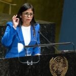 FILE - In this Sept. 27, 2019 file photo, Vice President of Venezuela Delcy Rodriguez addresses the 74th session of the United Nations General Assembly, at the United Nations headquarters. A secretive meeting this week at Madrid's international airport between two prominent officials from Spain and Rodriguez triggered a political storm on Jan. 23, 2020, with conservative parties pressing Spain's left-wing government for full disclosure. (AP Photo/Craig Ruttle, File)