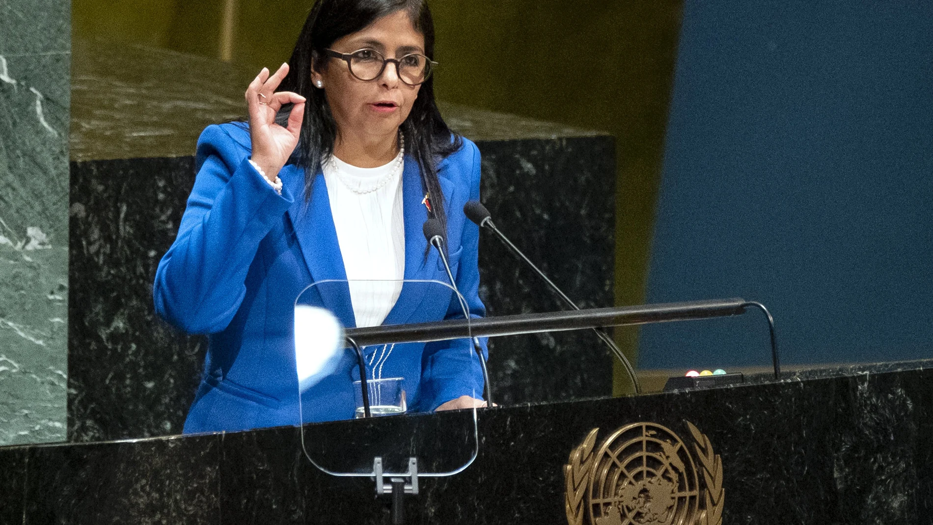 FILE - In this Sept. 27, 2019 file photo, Vice President of Venezuela Delcy Rodriguez addresses the 74th session of the United Nations General Assembly, at the United Nations headquarters. A secretive meeting this week at Madrid's international airport between two prominent officials from Spain and Rodriguez triggered a political storm on Jan. 23, 2020, with conservative parties pressing Spain's left-wing government for full disclosure. (AP Photo/Craig Ruttle, File)