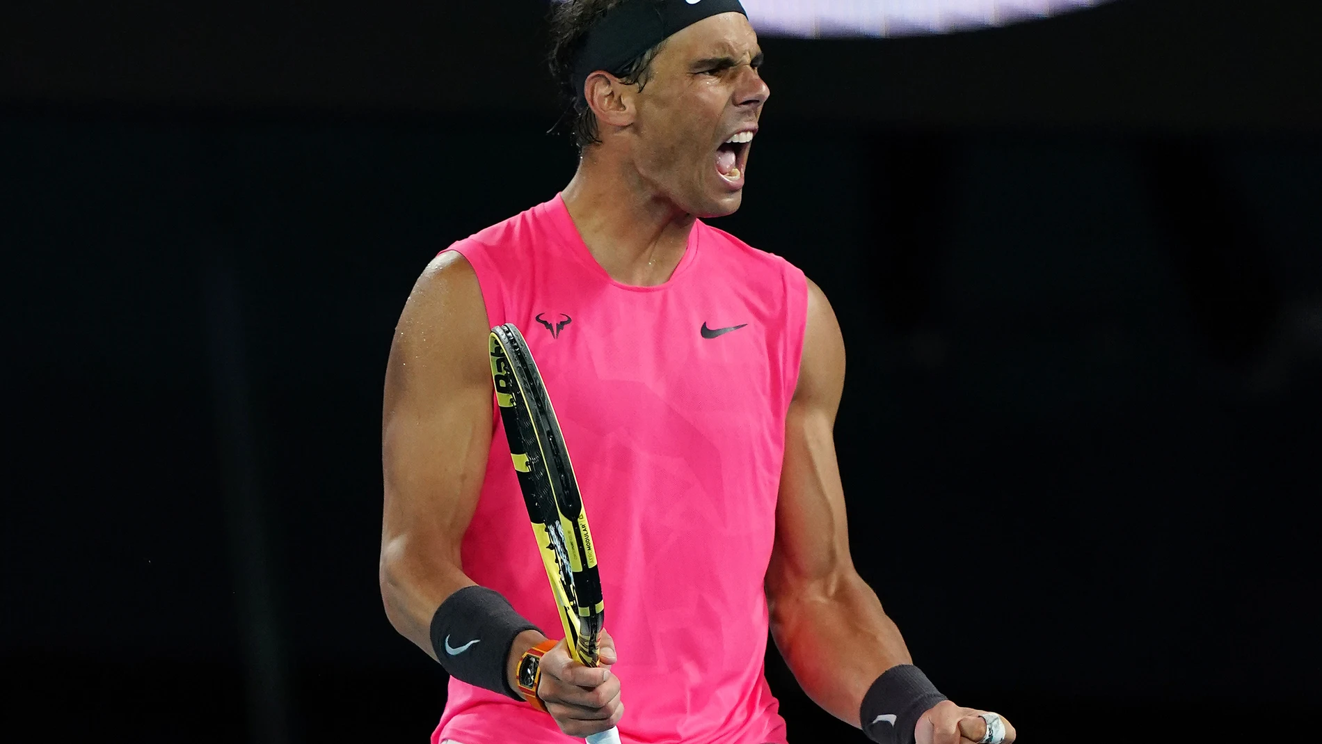 Rafael Nadal of Spain reacts during his fourth round match against Nick Kyrgios of Australia on day eight of the Australian Open tennis tournament at Rod Laver Arena in Melbourne, Monday, January 27, 2020. (AAP Image/Scott Barbour) NO ARCHIVING, EDITORIA