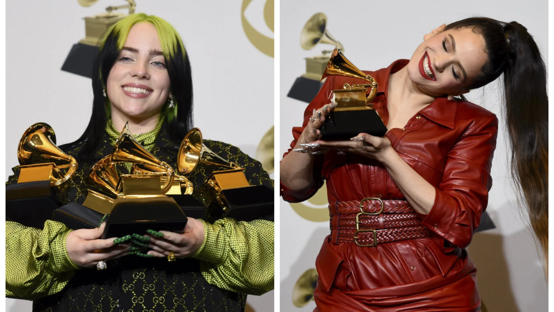 Billie Eilish (izquierda) y Rosalía (derecha), grandes triunfadoras de los premios Grammy. Fotos: AP