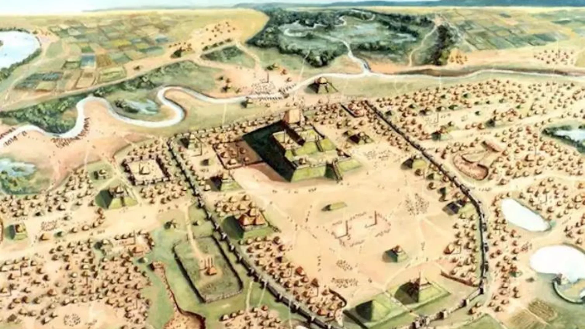 Recreación de la ciudad precolombina de Cahokia, junto al Mississipi - CAHOKIA MOUNDS HISTORIC STATE SITE/W.R. ISEMINGER