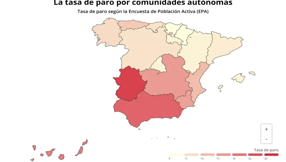 Tasa de paro por comunidades autónomas en el cuarto trimestre de 2019 (INE)EPDATA28/01/2020