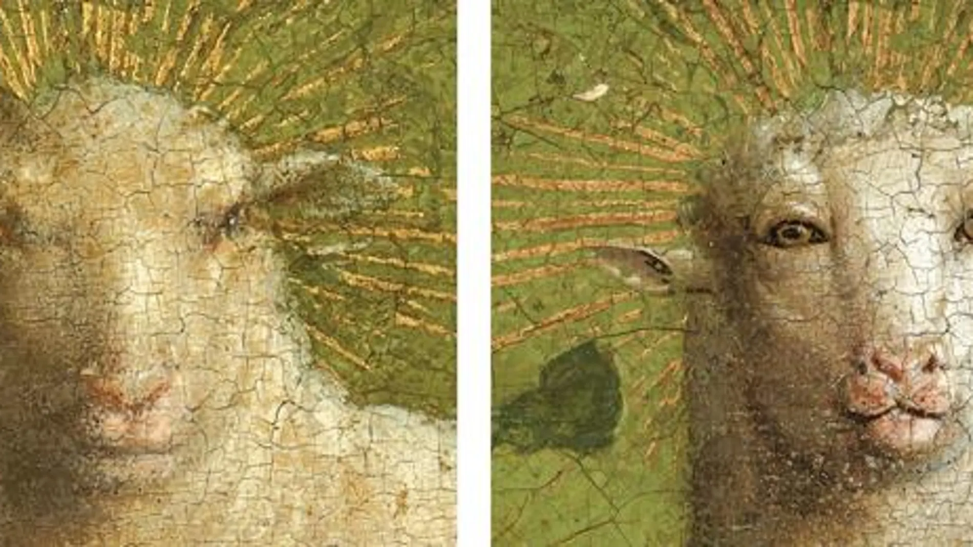 A la izda., antes de la restauración; a la dcha., tal y como podemos ver ahora el rostro de Cordero Místico