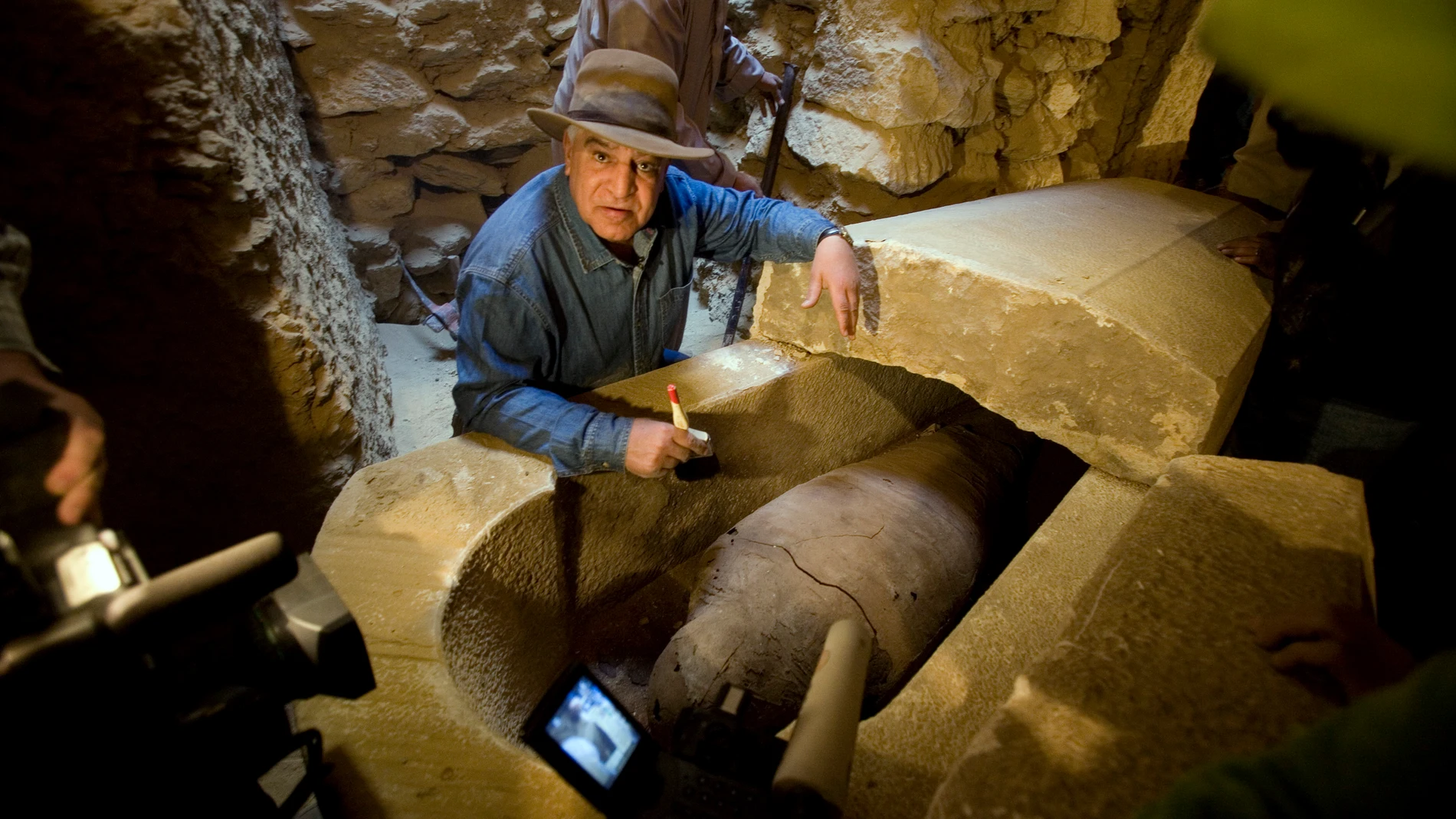 Zahi Hawass inside a new tomb in Saqqara