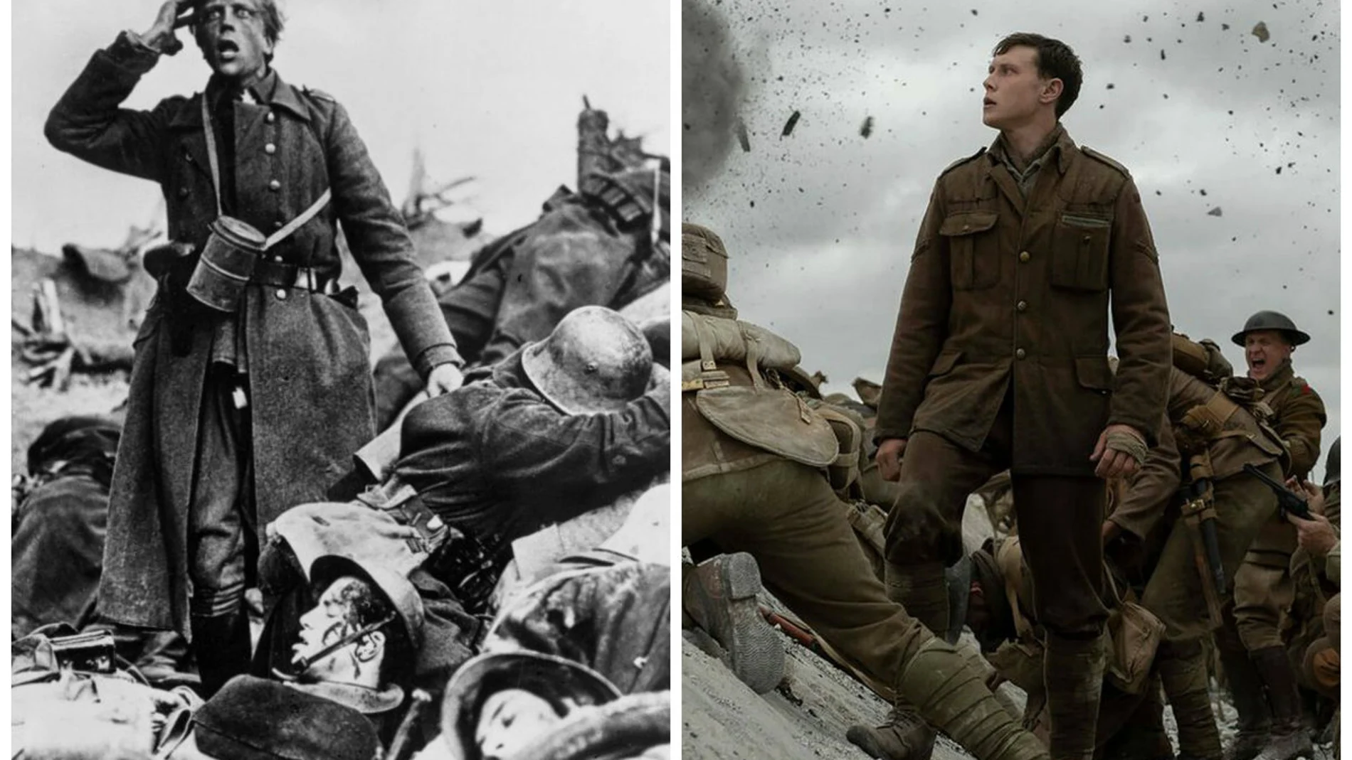 A la izquierda, fotograma de "Sin novedad en el frente", a la derecha de "1917"