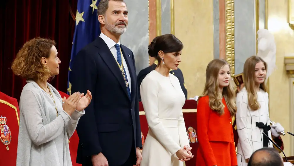 Spain's President of the Congress of Deputies Meritxell Batet and King Felipe VI, Queen Letizia and their daughters Princess Leonor and Infanta Sofia attend a ceremony to inaugurate the XIV Legislature at Parliament in Madrid, Spain February 3, 2020. REUTERS/Juan Medina