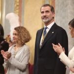 (I-D) La presidenta del Senado, Pilar Llop; la presidenta del Congreso, Meritxell Batet; el Rey Felipe VI; y la Reina Letizia, aplauden en el Congreso de los Diputados durante la Solemne Sesión de Apertura de la XIV Legislatura, en Madrid (España), a 3 de febrero de 2020.03 febrero 2020 Gobierno de España, diputados, Gobierno de coalición, celebración, Congreso de los DiputadosEduardo Parra / Europa Press03/02/2020
