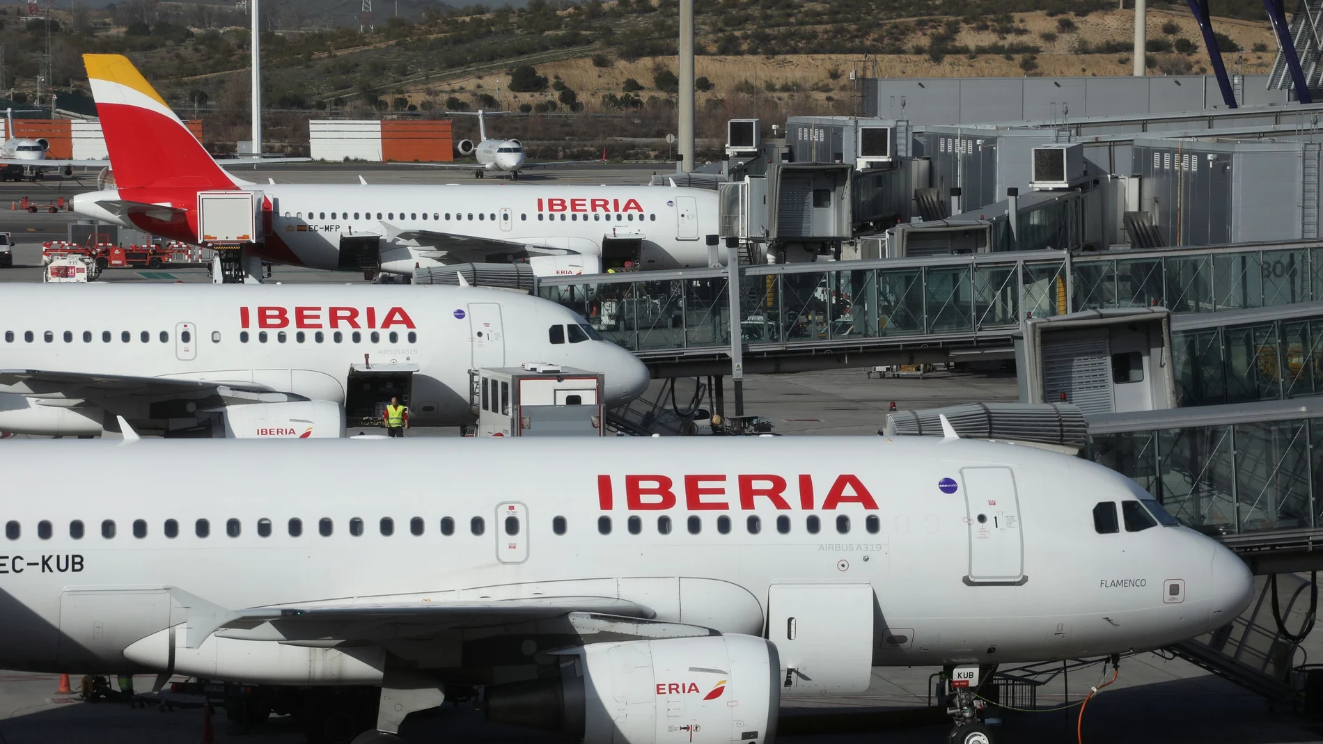 Planes stand on the tarmac of Madrid's Barajas airport, in Madrid