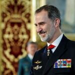 El rey Felipe VI sonríe a su llegada a una audiencia con un grupo de suboficiales mayores en el Palacio Real, este martes, en Madrid.