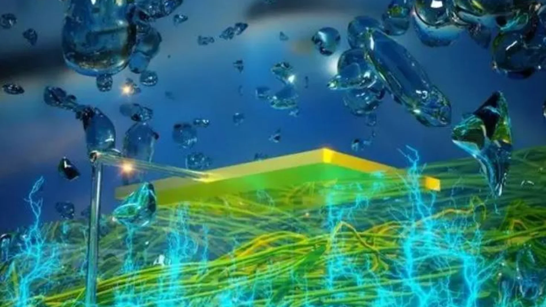 Imagen gráfica de una película delgada de nanocables de proteínas que generan electricidad a partir de la humedad atmosférica. - UMASS AMHERST/YAO AND LOVLEY LABS
