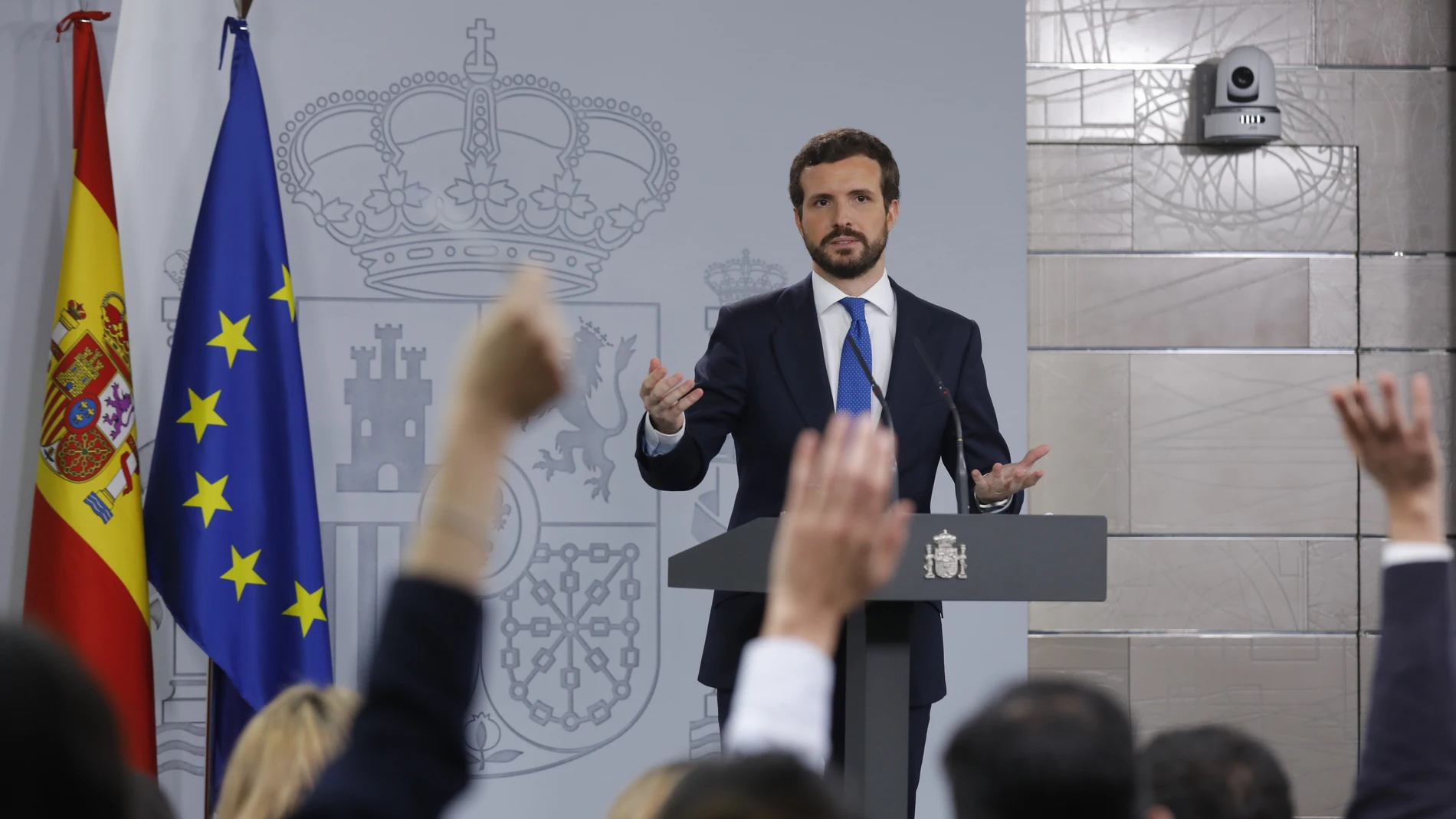 Comparecencia de Pablo Casado en Moncloa tras la reunion mantenida con el presidente del Gobierno, Pedro Sanchez.